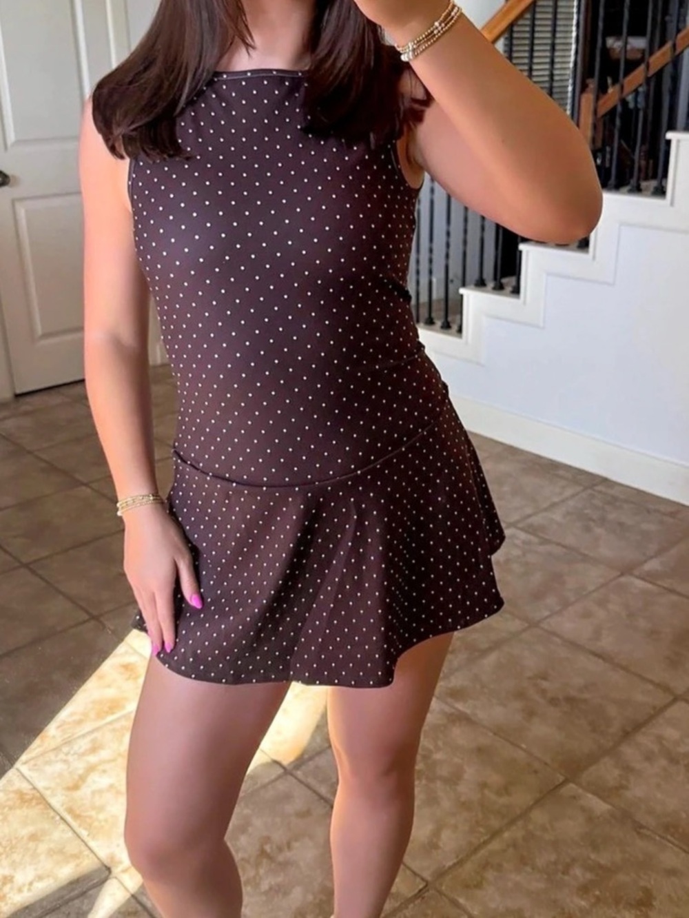 Polka Dot Print A-Line Mini Dress with Drop Waist Brown & White